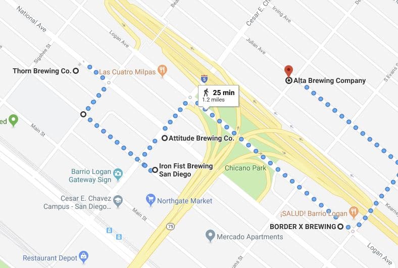 Four craft breweries and a tasting room in a 1.2 mile walk in Barrio Logan. Here’s  a link to the Google Map  so you can navigate this route on your phone.