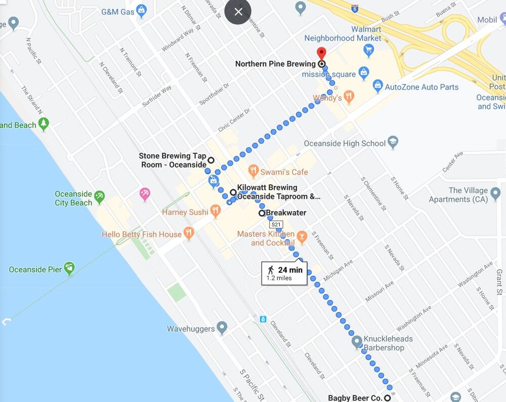 It is just a 24 minute (1.2 mile) walk between all five craft brewery locations in the downtown area of Oceanside.
