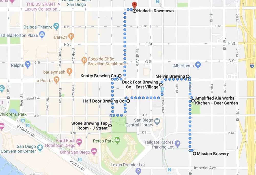 San Diego’s East Village neighborhood is home to eight (soon ten) craft breweries and tasting rooms you can hit on a 1.4 mile walk. Here’s  a link to the Google Map  so you can navigate on your phone.